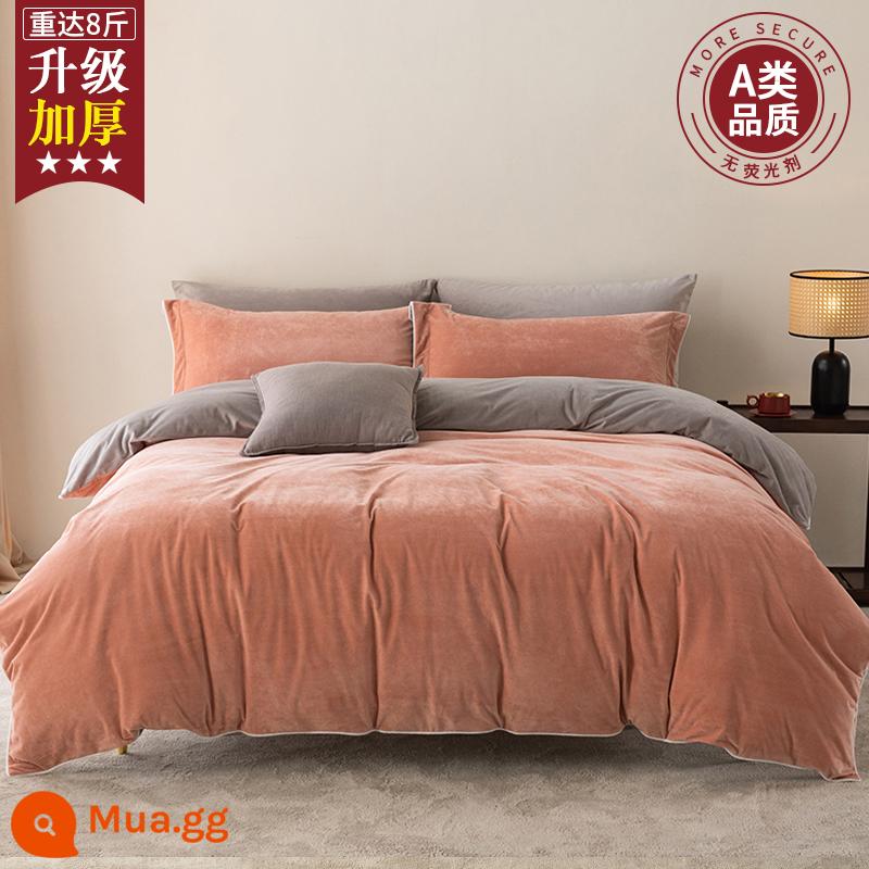 Sữa MUJI Nhung Giường 4 Bộ Nhung San Hô Mùa Đông 2 Mặt Plus Nhung Giường Vỏ Chăn Dép Nỉ Chăn Ga Gối - Cam Hồng-Xám nhạt [Nhung em bé loại A, chống tĩnh điện, không rụng lông]