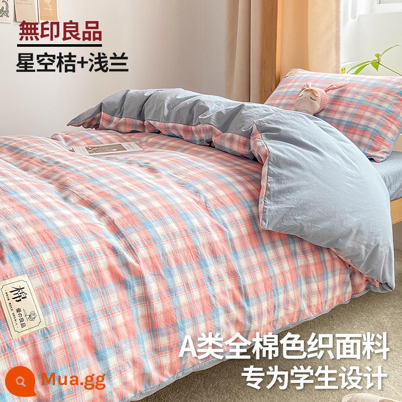 MUJI sinh viên đại học ký túc xá giường 3 bộ cotton nguyên chất ga giường đơn vỏ chăn ga gối 4 Bộ 6 - Cam bầu trời đầy sao + Xanh nhạt [cotton giặt 100% cotton loại A, thân thiện với da và có thể ngủ khỏa thân]