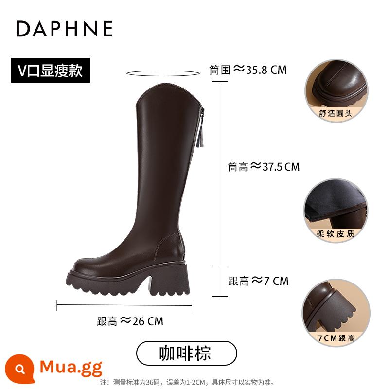 Giày Bốt Daphne Cho Nữ 2023 Mới Mùa Thu Đông Đế Dày Slim Giày Bốt Pháp Giày Cao Cổ Màu Trắng Giày Đi Xe Đạp - Màu nâu cà phê [hiện vật của người đàn ông nhỏ] [Chiều cao gót 7CM]