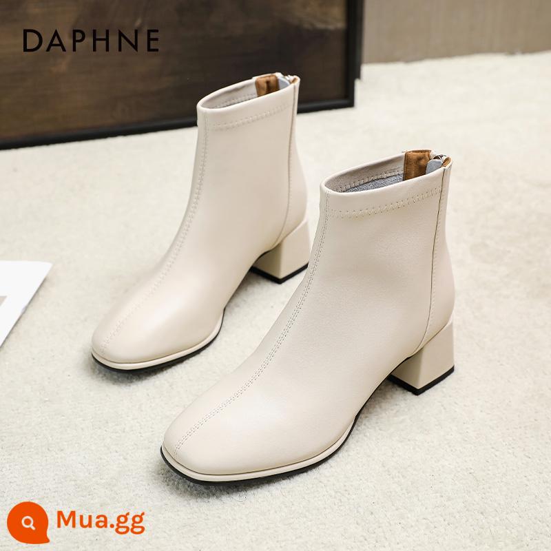 Giày bốt ngắn đế dày Daphne dành cho nữ 2023 Giày bốt mới mùa thu đông Giày bốt Martin mỏng Giày bốt đến mắt cá chân Giày bốt mỏng đến mắt cá chân của Pháp dành cho nữ - Màu trắng nhạt [mẫu da thật có gót cao 4,5 cm]