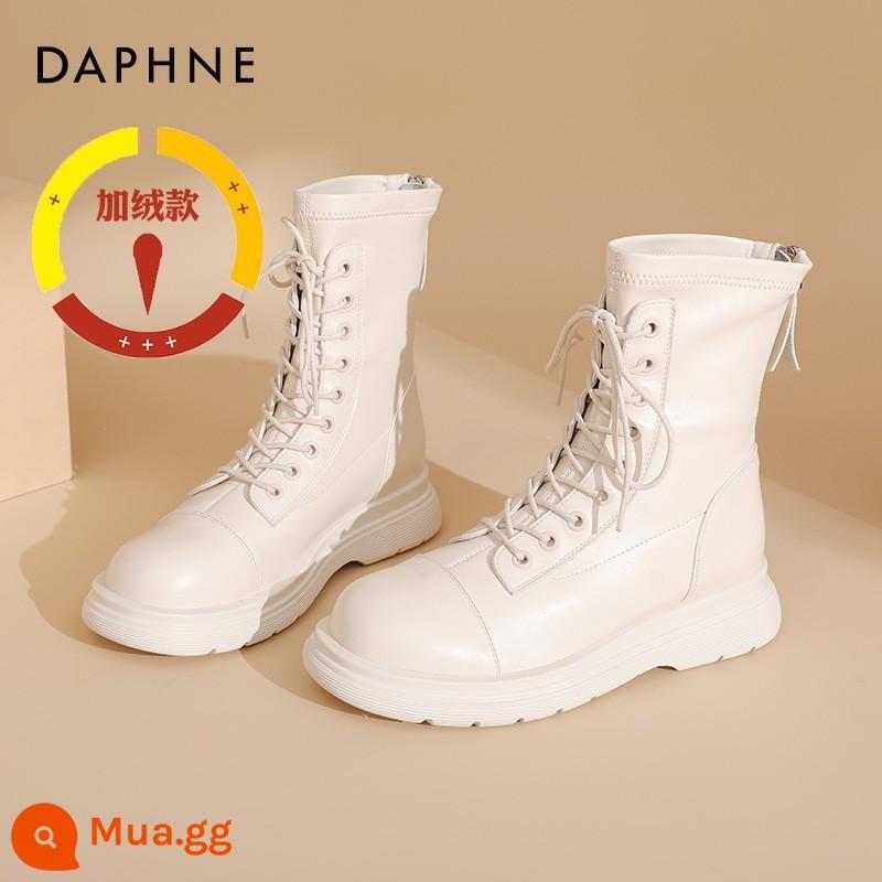 Giày bốt Daphne Martin nữ 2023 mới mùa thu đông màu nâu cộng với nhung Giày bốt ngắn phổ biến năm nay Giày bốt đơn nữ - Giữa ống nhung màu trắng [cao gót 4cm]