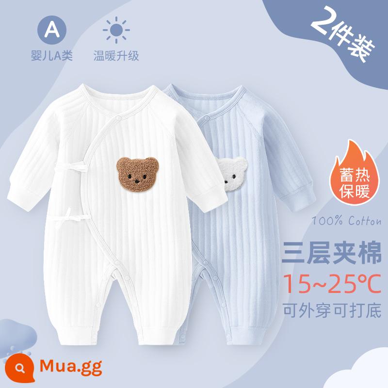 Bộ áo liền quần cho bé sơ sinh, bộ đồ ngủ cotton nguyên chất mùa xuân thu ấm áp cho bé, quần áo sơ sinh, áo choàng dày cho bé sơ sinh - Hai mảnh trắng và xanh