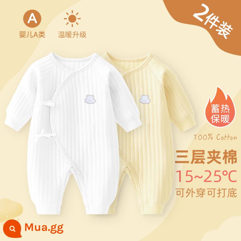 Bộ áo liền quần cho bé sơ sinh, bộ đồ ngủ cotton nguyên chất mùa xuân thu ấm áp cho bé, quần áo sơ sinh, áo choàng dày cho bé sơ sinh - Bộ 2 màu trắng + vàng