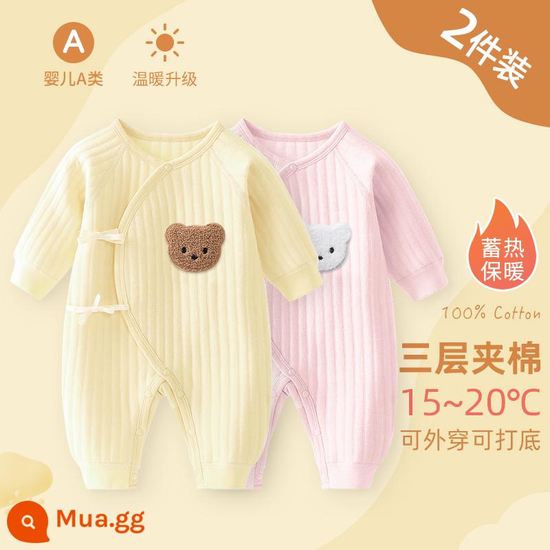 Bộ áo liền quần cho bé sơ sinh, bộ đồ ngủ cotton nguyên chất mùa xuân thu ấm áp cho bé, quần áo sơ sinh, áo choàng dày cho bé sơ sinh - Bột màu vàng hai gói