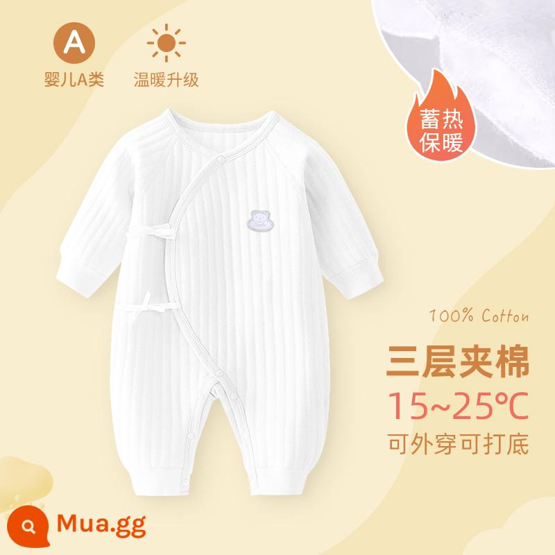 Bộ áo liền quần cho bé sơ sinh, bộ đồ ngủ cotton nguyên chất mùa xuân thu ấm áp cho bé, quần áo sơ sinh, áo choàng dày cho bé sơ sinh - gấu trắng nhãn bạc