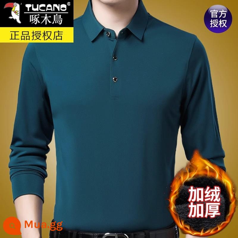 Áo thun dài tay cotton nguyên chất thương hiệu Woodpecker dành cho nam mùa xuân thu 2023 dành cho nam giới trung niên và người lớn tuổi mùa thu đông đáy áo sơ mi POLO Plus nhung - Nhung P18 xanh