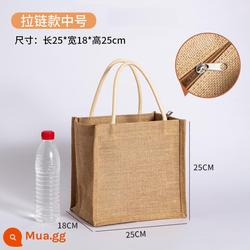 Túi vải lanh tùy chỉnh vải lanh cotton cây ma hoàng túi tote chuyển đổi tay mang theo bảo vệ môi trường công suất lớn bento túi vải túi - Mẫu dây kéo kích thước vừa 25x18x25cm