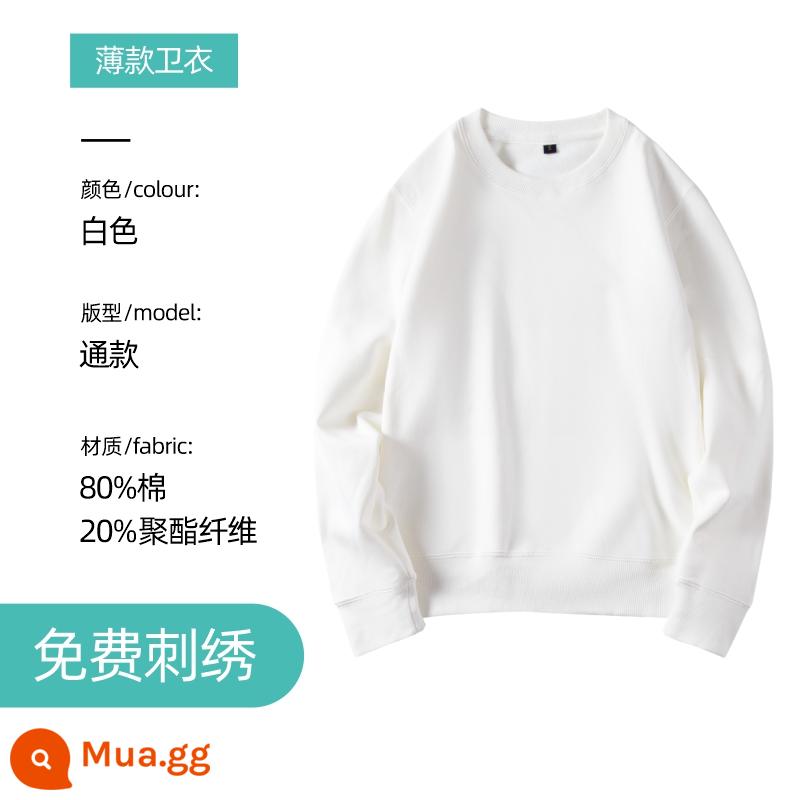 Áo len thêu logo theo yêu cầu in cotton nguyên chất cổ tròn cộng nhung dài tay quần áo bảo hộ lao động áo khoác may riêng cho hoạt động tập thể thu đông - Cổ tròn mỏng màu trắng