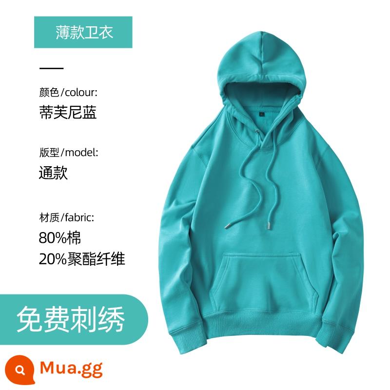 Áo len thêu logo theo yêu cầu in cotton nguyên chất cổ tròn cộng nhung dài tay quần áo bảo hộ lao động áo khoác may riêng cho hoạt động tập thể thu đông - Áo thun mỏng - Xanh Tiffany