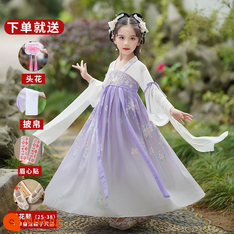 Hanfu Bé Trai Và Bé Gái Trang Phục Cổ Xưa 2023 Đồng Phục Học Sinh Trung Quốc Mới Cho Trẻ Em Trang Phục Biểu Diễn Tết Trung Thu Phong Cách Cổ Xưa Bộ Đồ Mùa Thu Siêu Cổ Tích - Ziyun-tay ngắn nữ [miễn phí khăn choàng + phụ kiện] + giày (ghi chú kích thước khi đặt hàng)