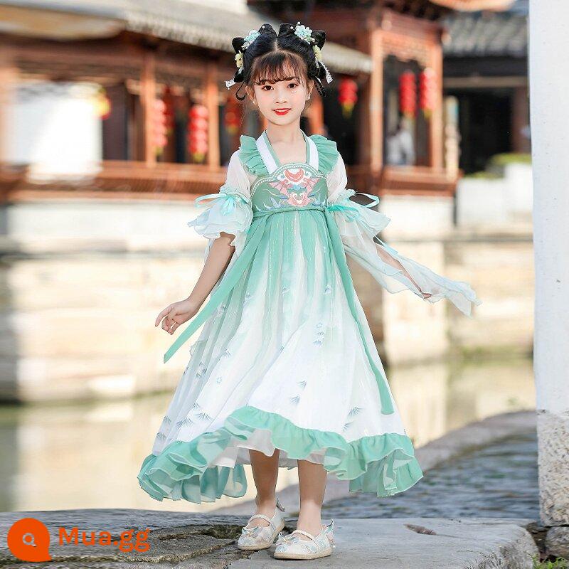 Hanfu Bé Trai Và Bé Gái Trang Phục Cổ Xưa 2023 Đồng Phục Học Sinh Trung Quốc Mới Cho Trẻ Em Trang Phục Biểu Diễn Tết Trung Thu Phong Cách Cổ Xưa Bộ Đồ Mùa Thu Siêu Cổ Tích - Ocean Princess-Tay ngắn màu xanh lá cây (Tay áo lông vũ miễn phí)