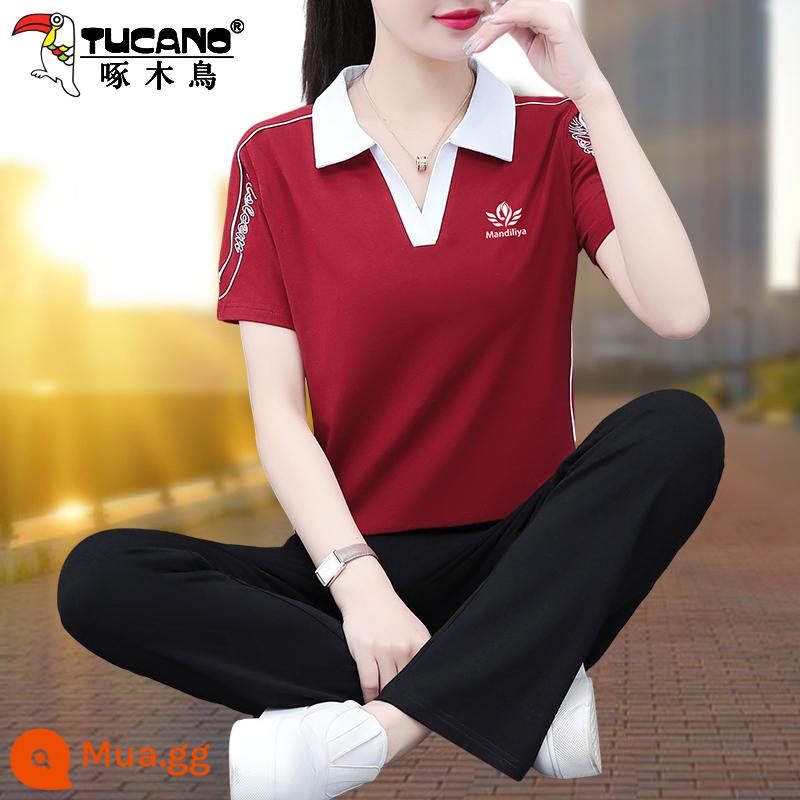 Bộ quần áo thể thao cotton chim gõ kiến ​​mùa hè 2023 mẹ mới phong cách nước ngoài thời trang ngắn tay bộ đồ hai mảnh - rượu vang đỏ