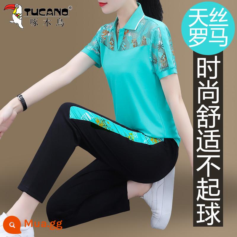 Woodpecker Ice Silk Bộ đồ thể thao mùa hè dành cho nữ Váy mùa hè dành cho phụ nữ trung niên Thời trang Phong cách phương Tây Giản dị cho mẹ Quần ngắn tay - Bộ quần dài cổ polo màu xanh lá cây tươi sáng