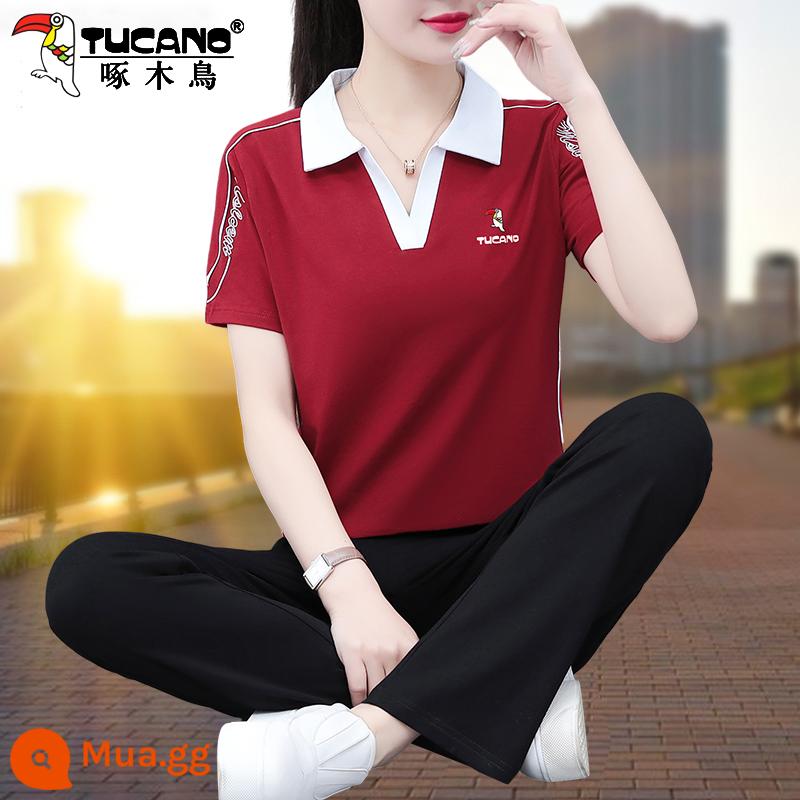 Bộ quần áo thể thao cotton chim gõ kiến ​​mùa hè 2023 mẹ mới phong cách nước ngoài thời trang ngắn tay bộ đồ hai mảnh - Burgundy (in chim gõ kiến)