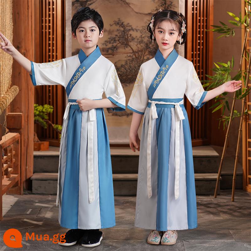 Hanfu Nam sinh Trường Quốc học Quần áo Phong cách Trung Quốc Trẻ em Trang phục Cổ xưa Sách Nam sinh Tiểu học Quần áo Trẻ em Trang phục Niệm Nữ - Tay áo ngắn Như Ý màu xanh hồ cho nam và nữ