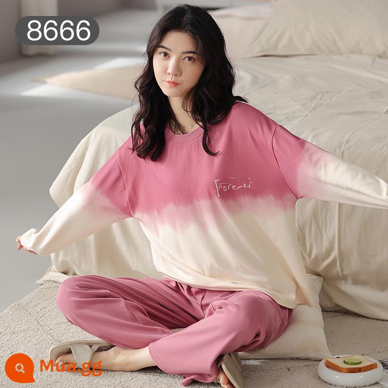 Bộ đồ ngủ Catman nữ cotton xuân thu quần dài tay có thể mặc bên ngoài Bộ đồ mặc ở nhà 100% cotton phong cách mới 2023 - Màu gradient hồng và tím [bộ đồ dài tay 100% cotton]