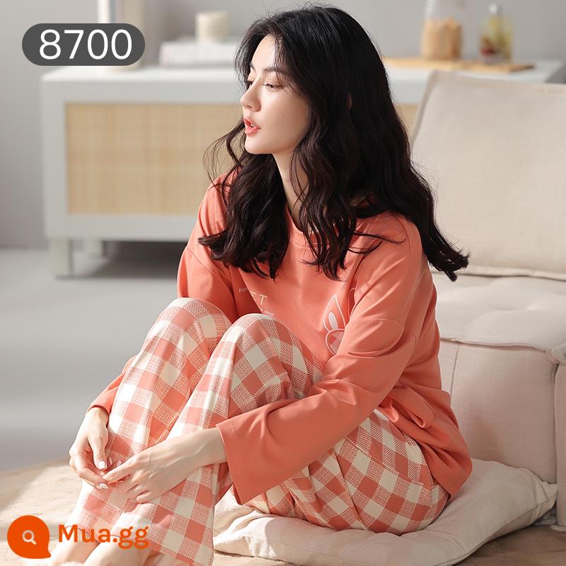 Bộ đồ ngủ Catman nữ cotton xuân thu quần dài tay có thể mặc bên ngoài Bộ đồ mặc ở nhà 100% cotton phong cách mới 2023 - Kẻ sọc cam [bộ đồ dài tay 100% cotton]