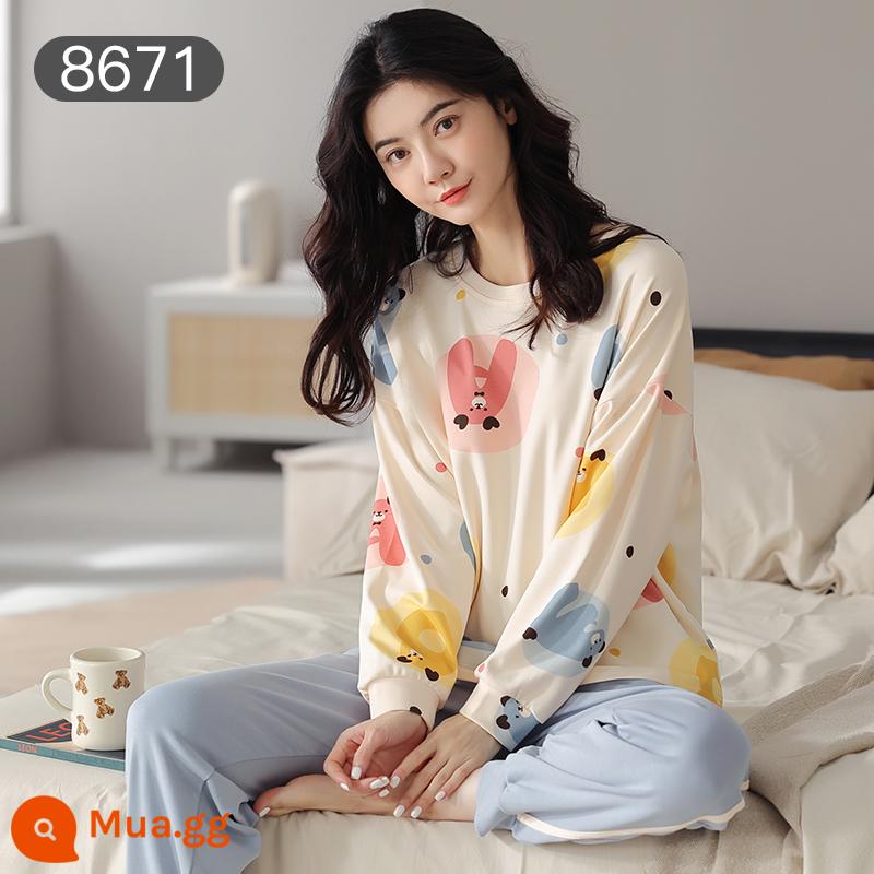 Bộ đồ ngủ Catman nữ cotton xuân thu quần dài tay có thể mặc bên ngoài Bộ đồ mặc ở nhà 100% cotton phong cách mới 2023 - Màu xanh tươi [bộ đồ dài tay 100% cotton]