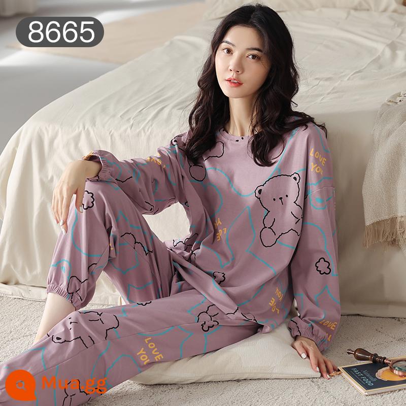 Bộ đồ ngủ Catman nữ cotton xuân thu quần dài tay có thể mặc bên ngoài Bộ đồ mặc ở nhà 100% cotton phong cách mới 2023 - Gấu tím (ảnh chính) [bộ đồ dài tay 100% cotton]