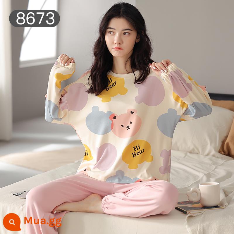 Bộ đồ ngủ Catman nữ cotton xuân thu quần dài tay có thể mặc bên ngoài Bộ đồ mặc ở nhà 100% cotton phong cách mới 2023 - Gấu đầy màu sắc [Bộ đồ dài tay 100% cotton]