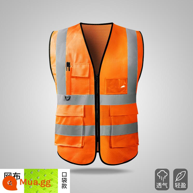 Áo vest an toàn phản quang quần áo giao thông công trường xây dựng vest vệ sinh huỳnh quang quần áo làm việc công nhân Huang Xiaxia nam tùy chỉnh - Kiểu túi lưới - màu đỏ cam