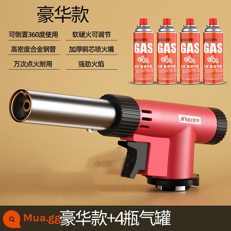 Băng cassette bình gas lửa súng blowtorch đốt lông heo đánh lửa nướng gas súng hàn ngọn lửa đốt thịt đầu súng phun hộ gia đình - Model cao cấp (đỏ) +4 bình xăng