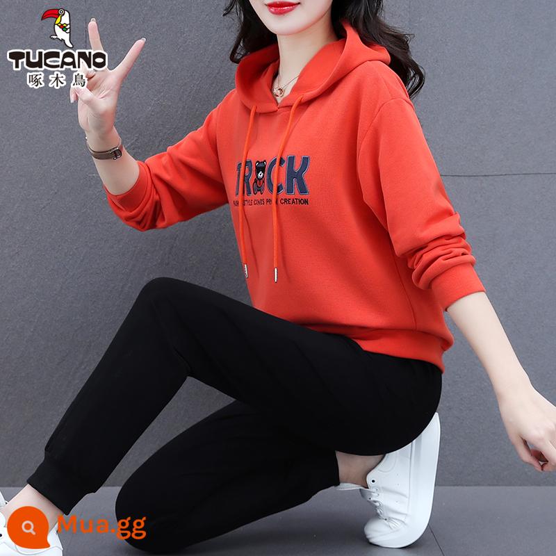 Chim Gõ Kiến Xuân Thu Cổ Bộ Đồ Thể Thao 2023 Mới Nữ Mẹ Cotton Nguyên Chất Hoodie Rời 2 Bộ - Bộ sưu tập vest màu cam Bảo hiểm vận chuyển miễn phí