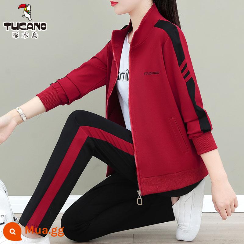 Chim Gõ Kiến Cổ Bộ Đồ Thể Thao 2023 Mới 2 Cotton Mẹ Nữ Cardigan Cổ Đứng Thời Trang Kích Thước Lớn - Bộ đồ ba mảnh màu đỏ tía