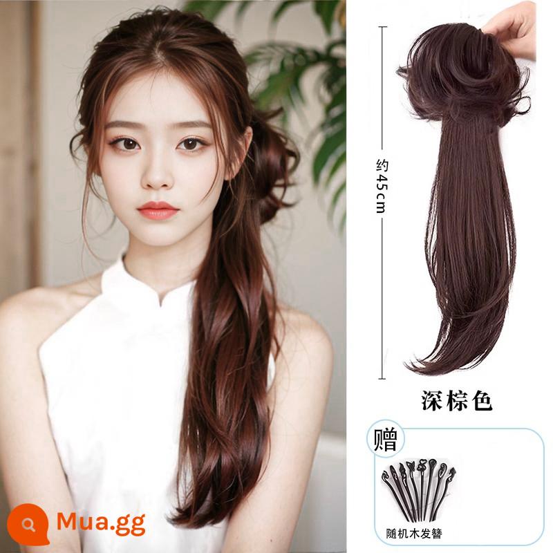 Tóc giả kiểu Trung Quốc mới, bím tóc, tóc đuôi ngựa, tóc nữ, Hanfu, sườn xám kiểu cổ, kẹp tóc, xoắn, bím tóc dài, bím tóc đấm bốc - Kiểu tóc đuôi ngựa hơi xoăn kiểu Trung Quốc mới [nâu đậm]] + kẹp tóc bằng gỗ ngẫu nhiên