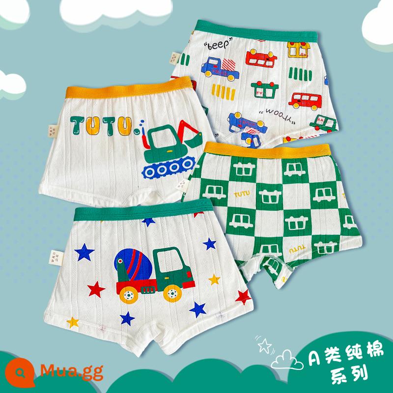 Quần lót trẻ em bé trai boxer bông hoạt hình khủng long bé trai bé trung và lớn trẻ em quần đùi cotton xuân thu - Xe K09 [4 gói]