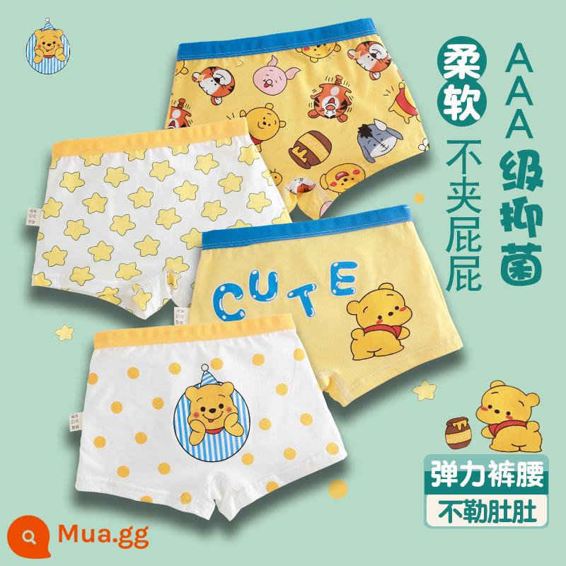 Quần lót trẻ em bé trai boxer bông hoạt hình khủng long bé trai bé trung và lớn trẻ em quần đùi cotton xuân thu - Gấu vàng [4 gói]