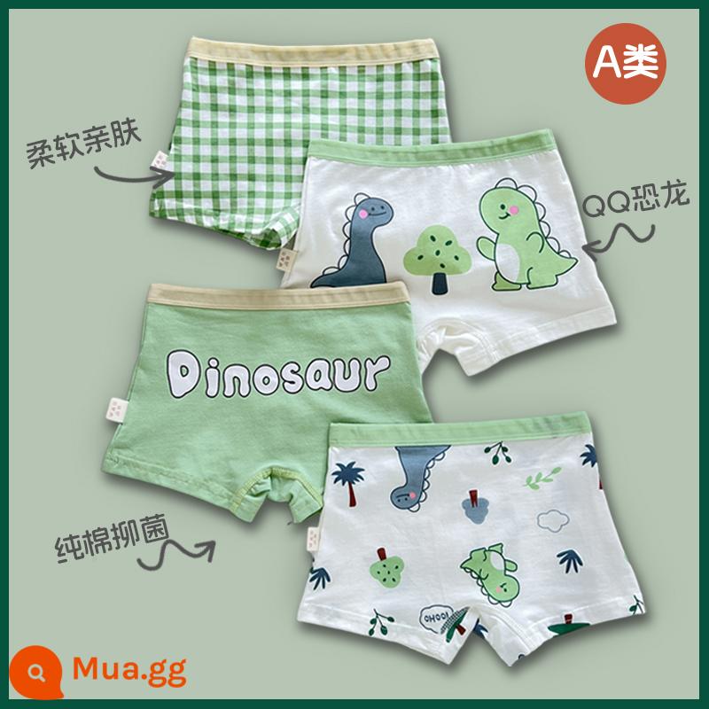 Quần lót trẻ em bé trai boxer bông hoạt hình khủng long bé trai bé trung và lớn trẻ em quần đùi cotton xuân thu - Khủng Long Kiểm Tra Xanh [4 Gói] K34