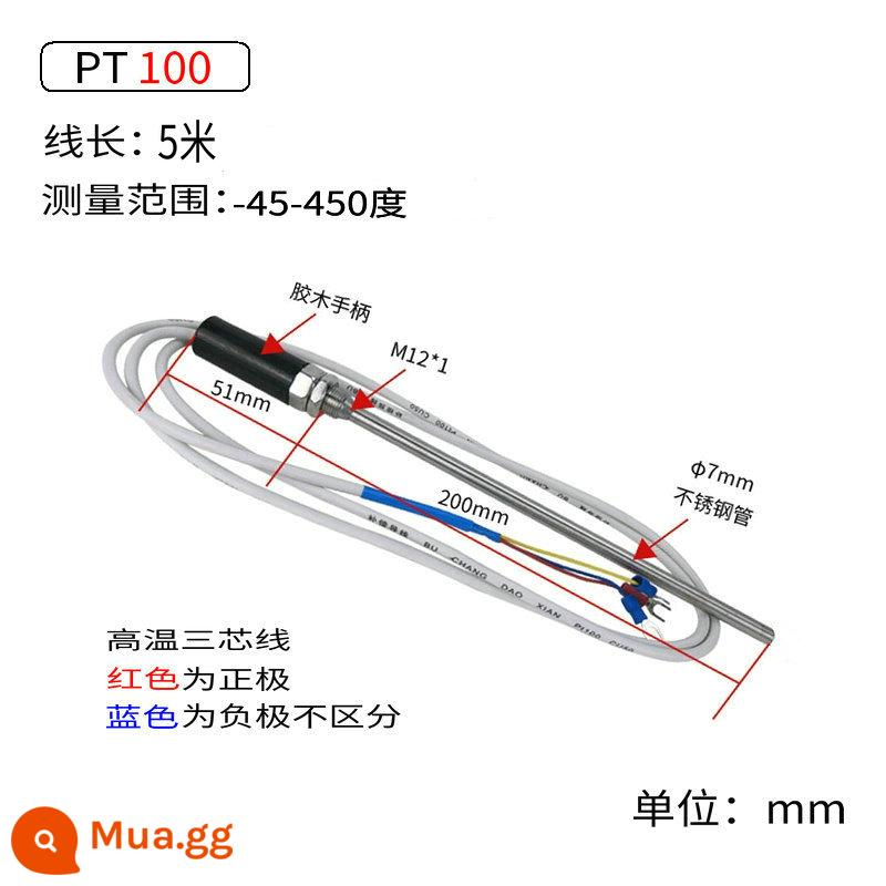 Cảm biến nhiệt độ cặp nhiệt điện nhiệt độ cao loại K nhiệt kế kiểu lò xo trục vít m6 Màn hình điều khiển nhiệt độ loại e pt100 - Cảm biến PT100 loại 5 mét