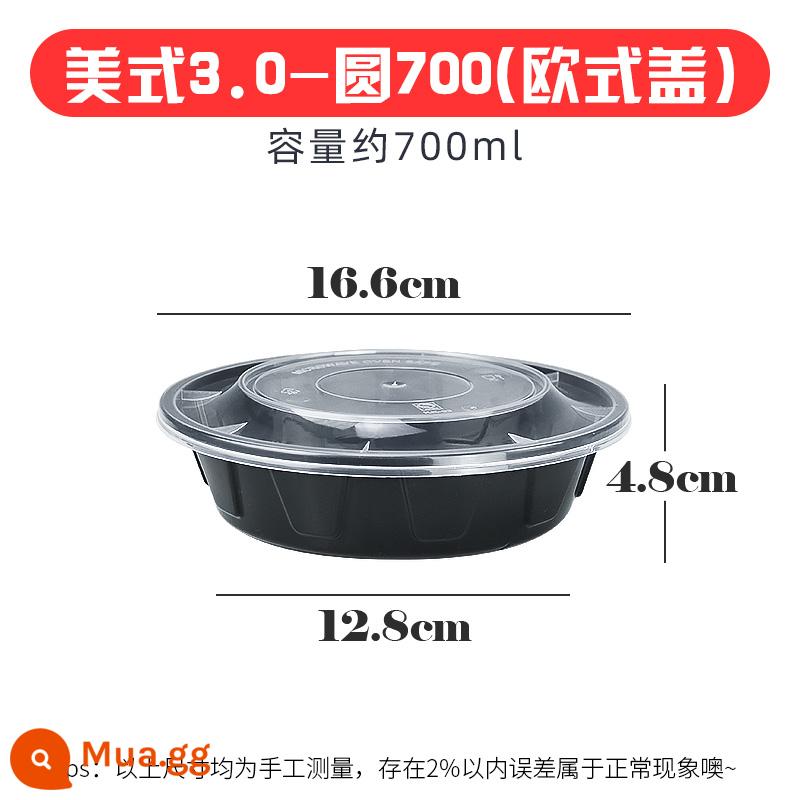 900ml hộp đóng gói tròn kiểu Mỹ giao hộp ăn trưa dùng một lần thương mại hộp ăn trưa dày màu đen có nắp bát nhựa - Mỹ tròn 700 đen [nâng cấp lên thế hệ thứ 3] 150 bộ