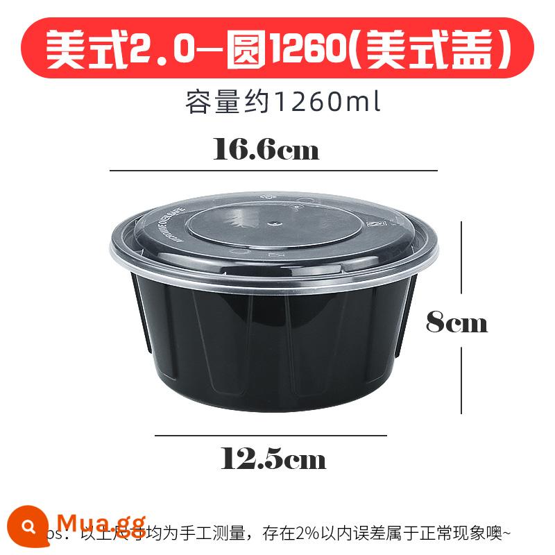 900ml hộp đóng gói tròn kiểu Mỹ giao hộp ăn trưa dùng một lần thương mại hộp ăn trưa dày màu đen có nắp bát nhựa - American round 1260 đen [nâng cấp thế hệ 2] 150 bộ