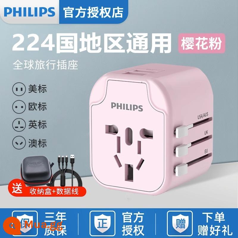 Phích cắm chuyển đổi Philips toàn cầu phổ thông Tiêu chuẩn Anh Ổ cắm tiêu chuẩn Châu Âu phiên bản Hồng Kông Nhật Bản đi nước ngoài ổ cắm đa năng - [Truyền Thông Toàn Cầu Màu Hồng Sakura] + Túi Bảo Quản SPS1001