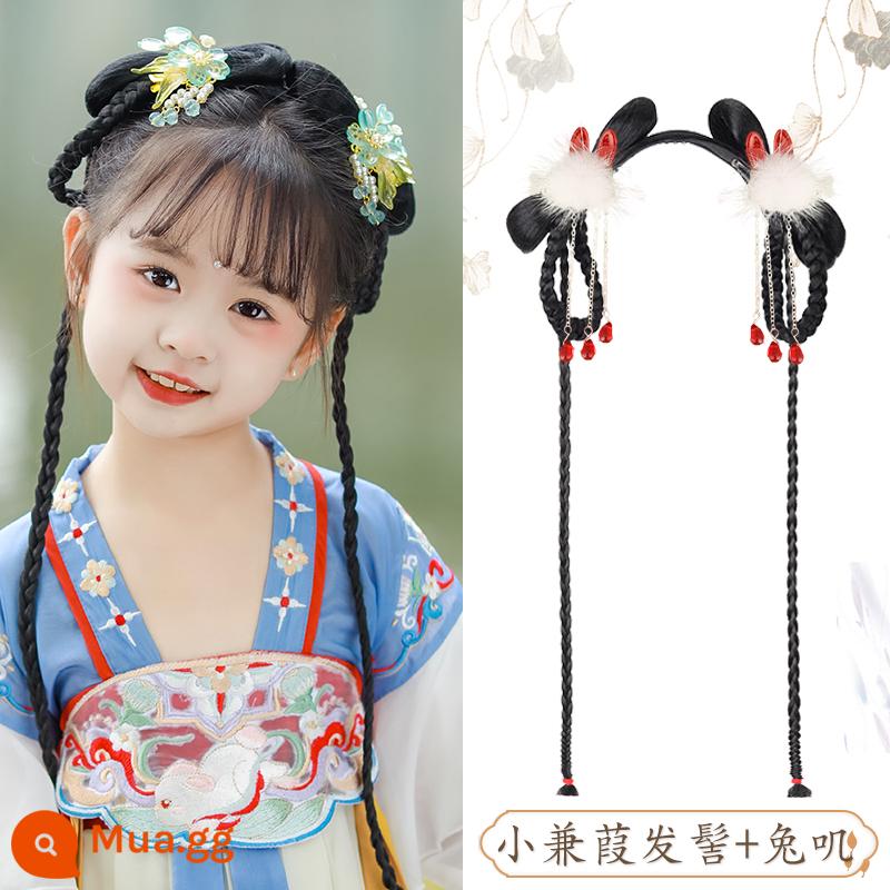 Trẻ em Hanfu tóc giả và mũ nón trang phục cổ xưa dành cho nữ tất cả trong một miếng lót lười biếng túi đựng tóc phong cách cổ xưa phụ kiện tóc búi - Bánh bao Jianjia nhỏ + thỏ đỏ