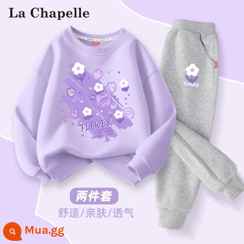 Bộ Quần Áo Mùa Xuân Nữ La Chapelle 2024 Phong Cách Phương Tây Mới Quần Áo Trẻ Em Bé Gái Thể Thao Mùa Xuân Quần Áo Trẻ Em Quần Áo Trẻ Em - [Quần thể thao Terry] Z bong bóng hoa khoai môn tím + Quần Z bong bóng hoa xám