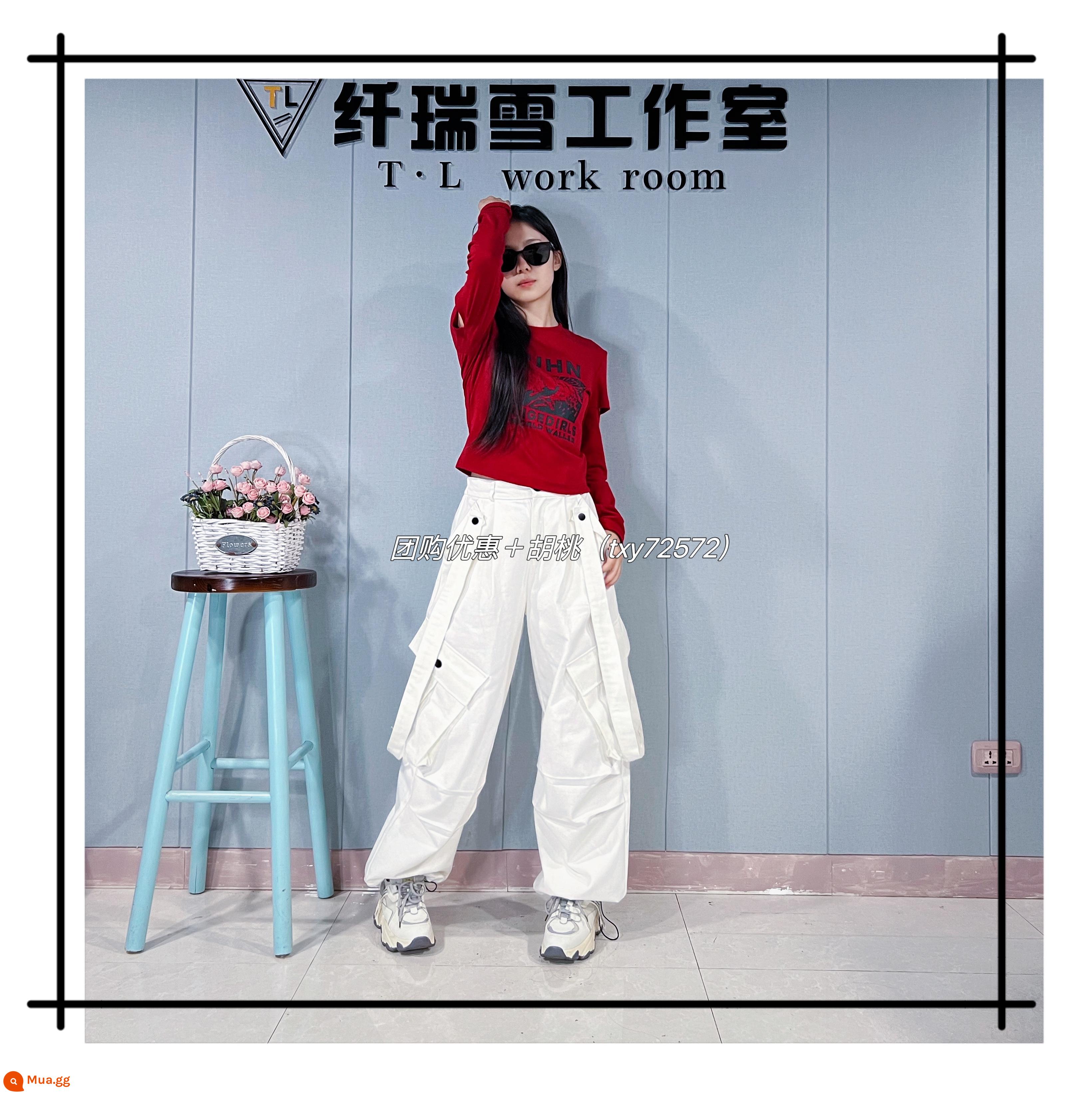 Xianruixue chính hãng 331 thời trang cotton co giãn dài tay + 334 twill cotton giặt dây đeo vai giản dị áo liền quần - (Giảm giá 331+334 quần không kèm thắt lưng) Tay dài màu đỏ tía + quần yếm trắng