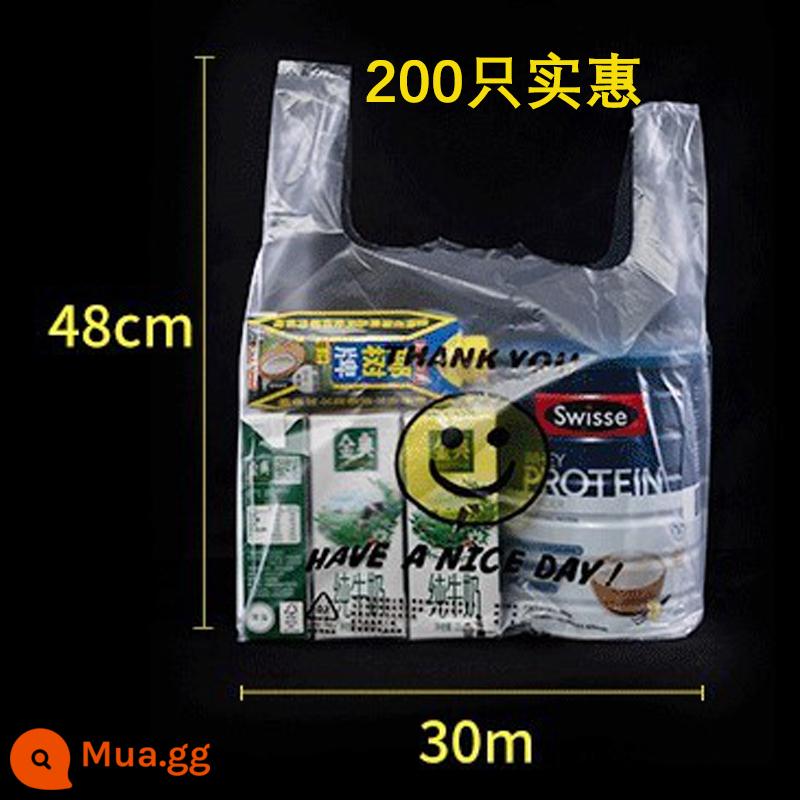 Túi cười dày, túi nhựa trong suốt, áo vest, túi vận chuyển miễn phí cầm tay, túi đựng thực phẩm dùng một lần, túi đựng rác gia đình - 200 miếng [30×48]