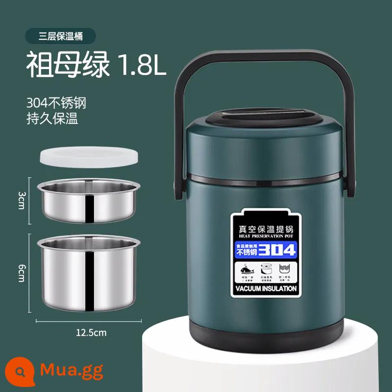 Hộp cơm trưa cách nhiệt bằng thép không gỉ 304 Xô đựng cơm dung tích lớn di động cực dài 24 giờ Ấm đun nước súp cho nhân viên văn phòng Hộp cơm trưa tại nhà - Thùng cách nhiệt 3 lớp 1.8L [emerald]