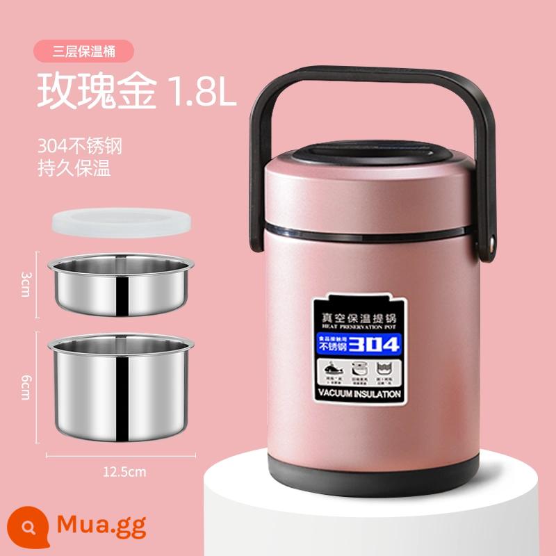 Hộp cơm trưa cách nhiệt bằng thép không gỉ 304 Xô đựng cơm dung tích lớn di động cực dài 24 giờ Ấm đun nước súp cho nhân viên văn phòng Hộp cơm trưa tại nhà - Thùng cách nhiệt 3 lớp 1.8L [vàng hồng]