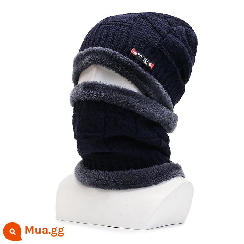 Mũ Nam Mùa Đông Chống Lạnh Mũ Dệt Kim Plus Nhung Dày Mũ Len Ấm Áp Mũ Cotton Mùa Đông Đi Xe Chống Gió Và mũ Lạnh - Set mũ và khăn quàng cổ-SPORT màu xanh