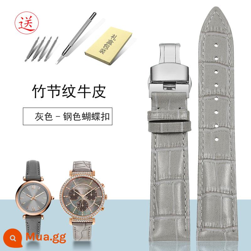 Dây da nam nữ màu xám khóa bướm thích hợp Omega Swarovski Amani Fossil Fiyta - Khóa bướm bằng thép màu xám da bò họa tiết tre