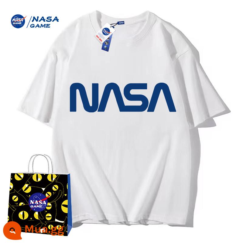 Trang web chính thức của NASA GAME sản phẩm mới đồng thương hiệu 2024 Áo phông ngắn tay cotton nguyên chất dành cho nam và nữ Áo phông hàng hiệu hợp thời trang Áo thun đôi - Áo phông trắng nhãn xanh của NASA