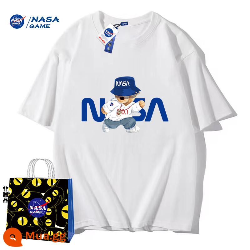 Trang web chính thức của NASA GAME sản phẩm mới đồng thương hiệu 2024 Áo phông ngắn tay cotton nguyên chất dành cho nam và nữ Áo phông hàng hiệu hợp thời trang Áo thun đôi - Áo thun trắng gấu hip-hop của NASA