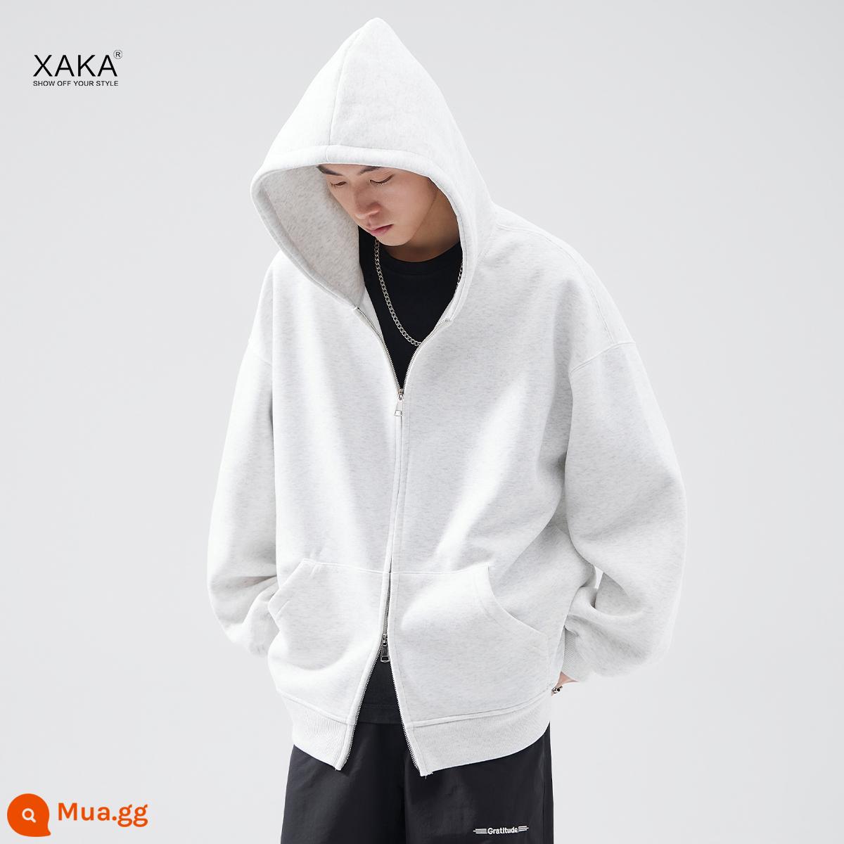 XAKA mùa xuân cứng của Mỹ thương hiệu thời trang cardigan cotton dày T nam phù hợp với giày thể thao có mũ trùm đầu dây kéo áo khoác - Trắng xám