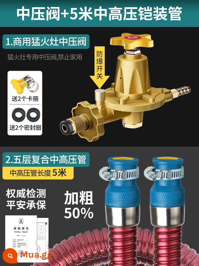 Hộ Gia Đình Chống Cháy Nổ Khí Hóa Lỏng Van Giảm Áp Bình Gas Xi Lanh Van Áp Suất Thấp Đai An Toàn Đo Lò Gas Van Điều Chỉnh Áp Suất - Van trung áp thương mại + Ống bọc thép trung áp và cao áp 5 mét (bao gồm 2 kẹp)