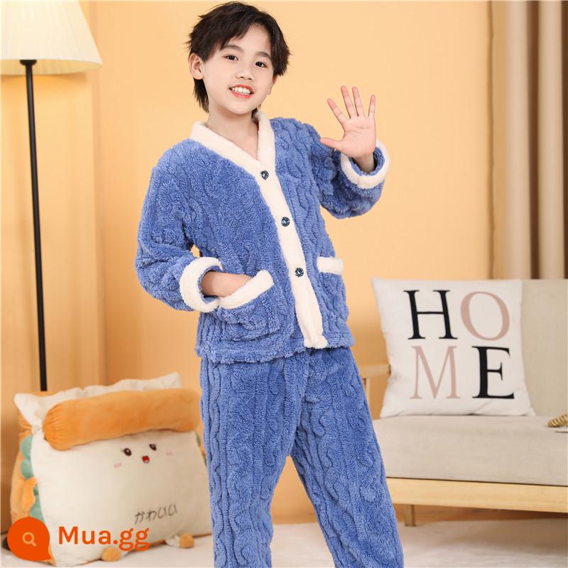 2022 Mùa Thu Đông Sản Phẩm Mới Bé Gái Dày Dép Nỉ Homewear Trẻ Em Ấm Áp Nỉ Mặc Bộ Đồ Ngủ Bộ - Con công đực màu xanh viền trắng