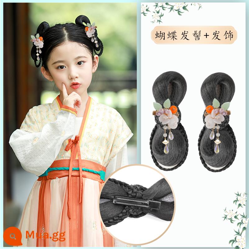 Trẻ em Hanfu tóc giả gói tấm tóc cổ trang phục một mảnh headband cổ gió tóc giả bé gái tạo kiểu phụ kiện tóc búi tóc trùm đầu - Búi nơ + hồng ruyi